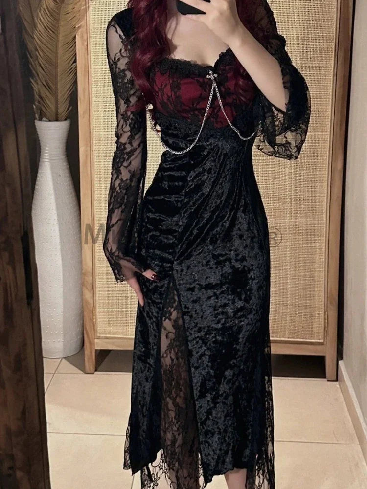 qgtao Summer Gothic Grunge Y2k Lace Dress Women Dark Academia Sexy Slim Party Dresses Korean Fashion Design Festival Long Prom Dress