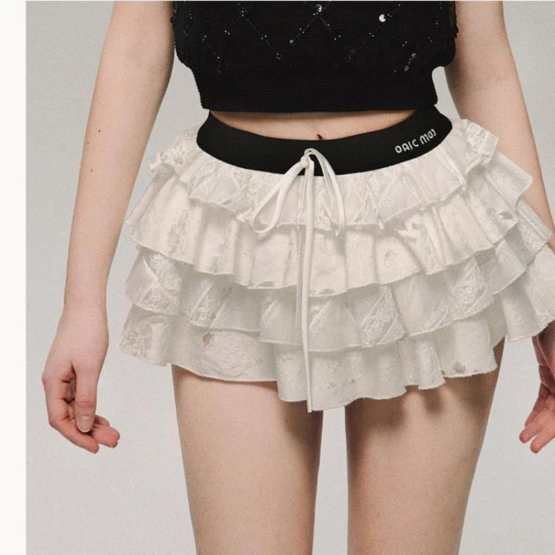 qgtao Kawaii Sexy Ruffle White Mini Skirt Fairycore Cake Pleated Lace Up Short Skirts Coquette Casual Layered Patchwork Skirt