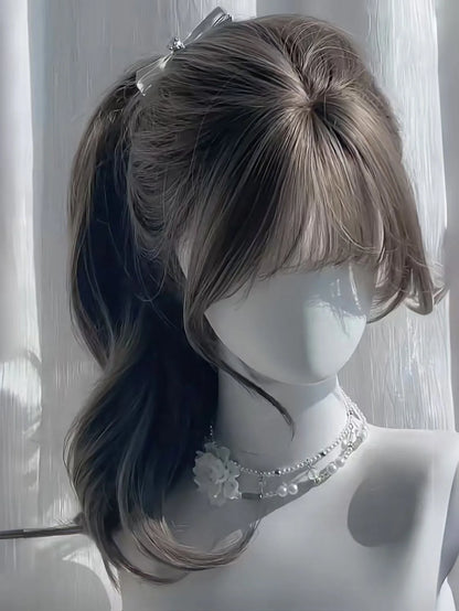 OKLULU  -  Gray Brown Wig with Bangs Long Wavy Soft Hair 24inch Body Wave Wig Lolita High Temperature Fiber Headband Peluca Daily Use