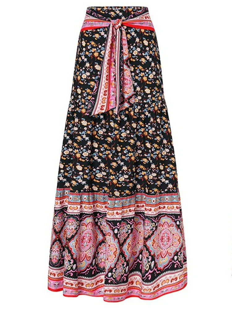 Fashion Floral Print Skirts Women Summer Vintage Elegant Pleated Long Skirts Boho Casual Bandage High Waist Holiday Beach Skirt