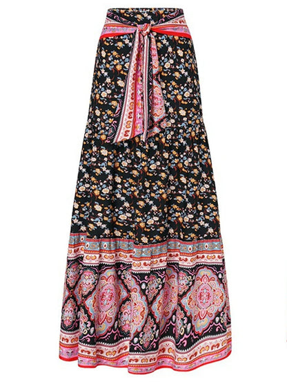 Fashion Floral Print Skirts Women Summer Vintage Elegant Pleated Long Skirts Boho Casual Bandage High Waist Holiday Beach Skirt