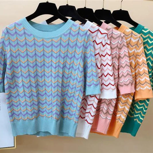 Casual Hollow Out Stripe Knitted Short Sleeve Top Women New Summer Thin Short T-shirt Korean Fashion Plus Size 4xl O-neck Female