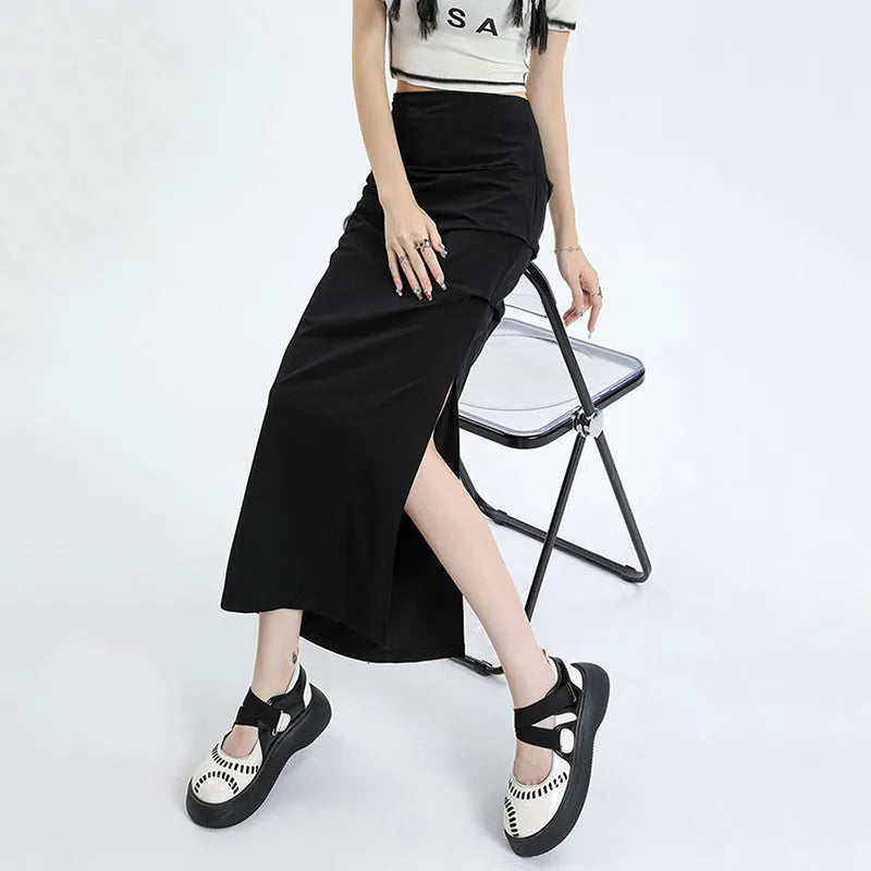 qgtao Y2K Cargo Skirts for Women Korean Style High Waist Slim Fit Long Skirt Woman Sexy Bodycon Side Split Midi Skirts Female