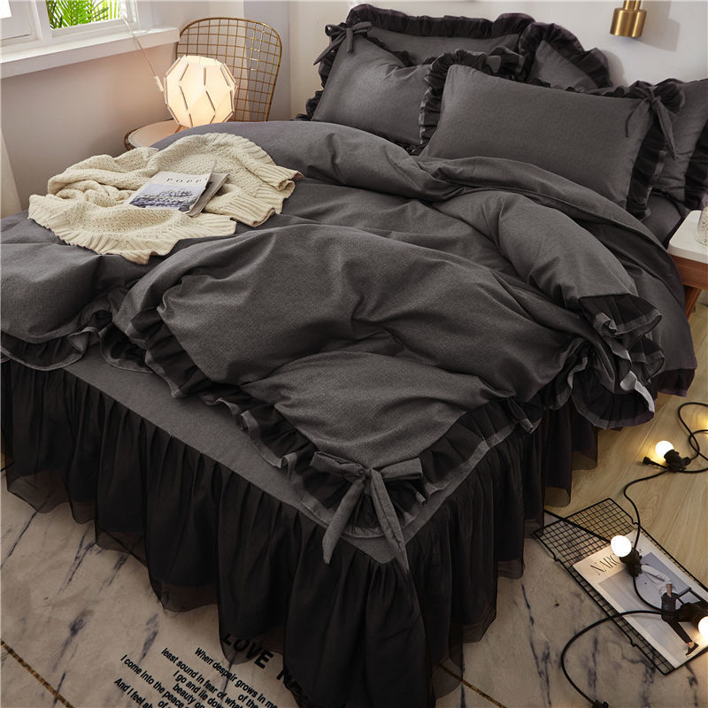 Yeknu Arctic Velvet Pastoral Lace Solid Color Four-Piece Pillowcase Bed Sheet Quilt Cover Quilt Cover 200*230cm Bed Sheet Set