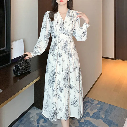 qgtao-New Vintage Floral Dress for Women with Long Sleeves Office Lady V-neck Elegant Chic Ladies Slim Print Dresses Autumn Fashion