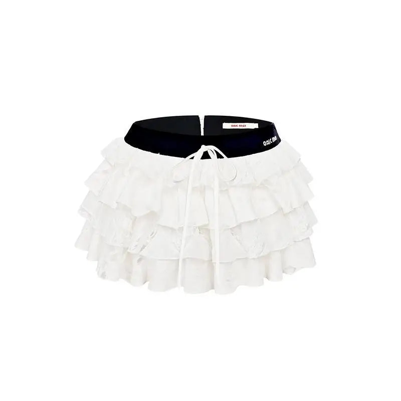 qgtao Kawaii Sexy Ruffle White Mini Skirt Fairycore Cake Pleated Lace Up Short Skirts Coquette Casual Layered Patchwork Skirt