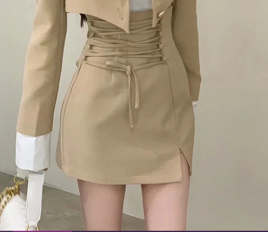 qgtao 2 Piece Dress Set Women Casual Y2k Crop Tops Elegant Jacket Coats + Mini Skirts Korean Fashion Suits 2024 Spring Blazers Dress