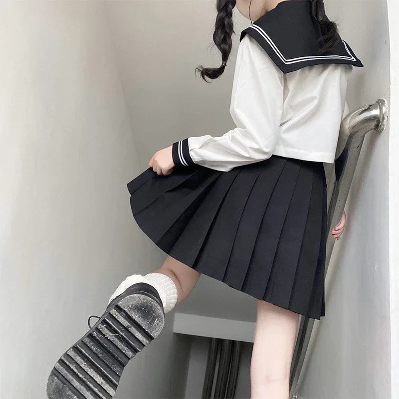 qgtao Japanese School Uniform Black Suit Sailor JK S-2XL Basic Cartoon Girl Navy Sailor Uniform sets Navy Costume Women girl costume