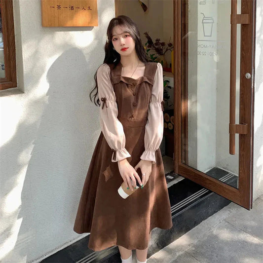 qgtao French Style Square Collar Flare Sleeve Dresses Women Vintage Waist Red Corduroy Dress Woman 2024 Autumn Patchwork Midi Dress