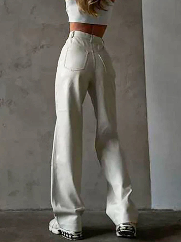 qgtao  Fashion White PU Leather High Rise Pants Street wear Casual Button Up Straight Leg Pants for Women Trousers Pants