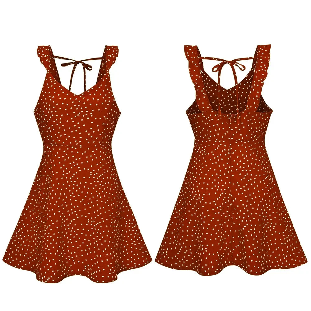 qgtao Summer Women Polka Dot Dress Sexy Backless Short Dresses Deep V Neck Ladies Spaghetti Strap Mini A-Line Sundress