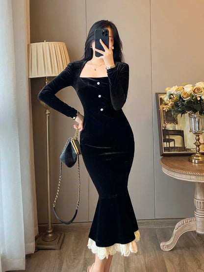 qgtao  Black Elegant Dress Women Vintage Bodycon Long Dresses Party Lace Patchwork Evening Prom 2024 Fashion Robe Slim