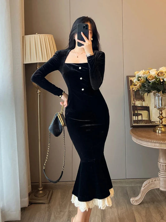 qgtao  Black Elegant Dress Women Vintage Bodycon Long Dresses Party Lace Patchwork Evening Prom 2024 Fashion Robe Slim