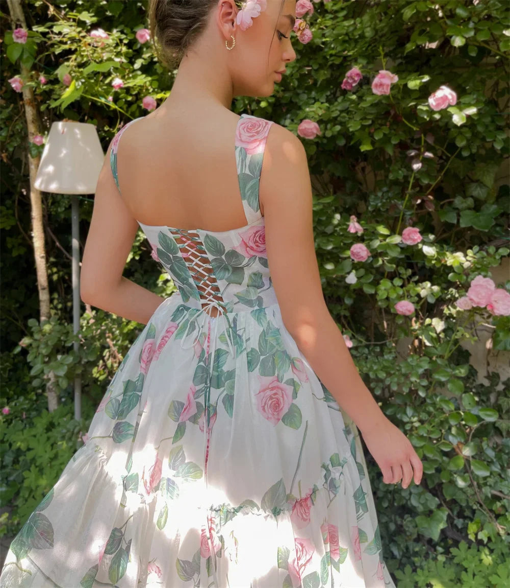 Sweet Flower A-line Vestidos De Noche Silk Chiffon Princess Sleeveless Prom Dress With Pocket