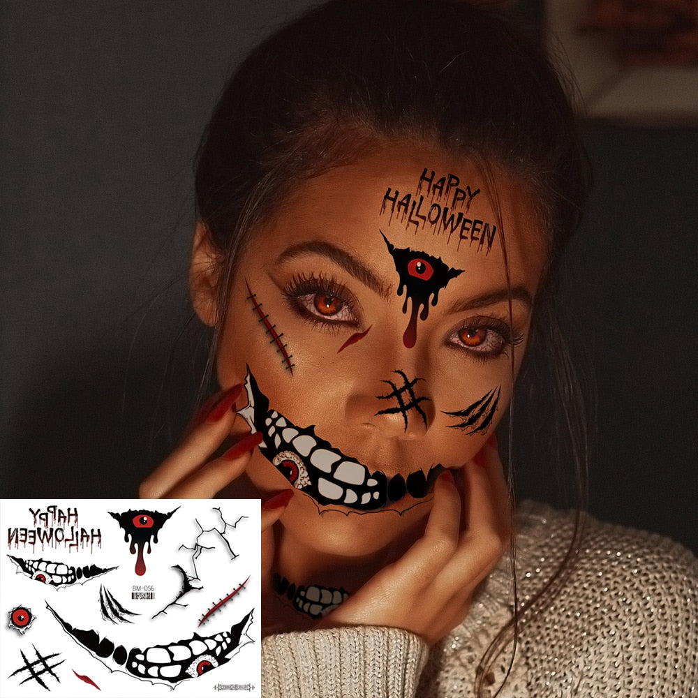 Halloween Face Makeup for Women Men Big Mouth Temporary Tattoo Stickers Disposable Funny Fake Tattoo Waterproof for Saints' Day