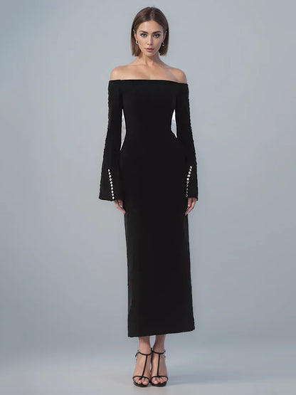 qgtao Fashion Women's Dress Slash Neck Flare Sleeves Folds Button Decorate Slim Ankle-length Dresses Summer 2024 New Tide 13DL10