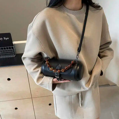 qgtao PU New Cylinder Crossbody Bag For Women Versatile Beading Decor Handheld Spring Autumn Fashion Solid Color Single Shoulder Bag