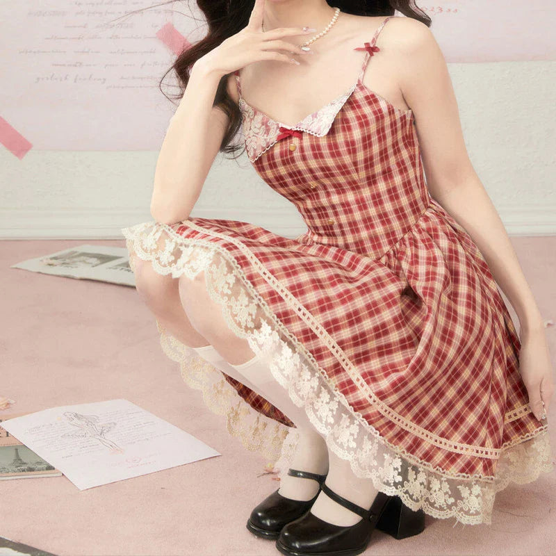 qgtao Vintage Sweet Red Plaid Dress for Women Kawaii Elegant French Style Bow Lace Party Mini Dress Retro Lolita Pleated Dress