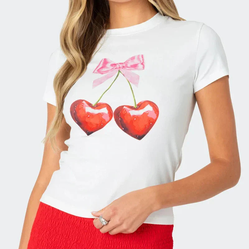 qgtao Y2k Tshirt Grunge Baby Tee Aesthetic Cherry Print Casual Vintage Streetwear Short Sleeve Crop Top Clothes Gothic Slim T-shirts