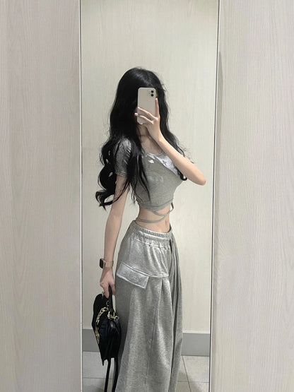 qgtao 2 Piece Pant Sets 2024 Summer Casual Y2k Crop Top + Loose Trousers Sport Wear Korean Fashion Suits Chic Outwear T Shirts Blouse