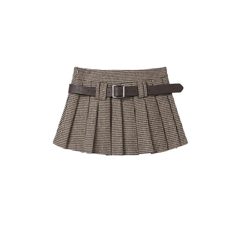 qgtao Vintage Plaid Mini Skirt Women Y2K Houndstooth Belt Pleated Skirts Streetwear Harajuku 90S High Waist A Line Short Skirt