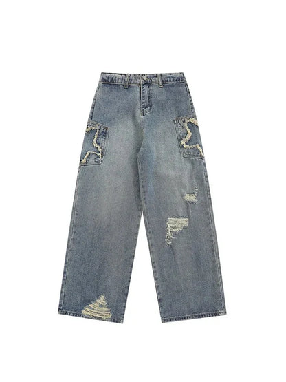 Women's Blue Star Ripped Jeans Baggy Harajuku Aesthetic Denim Trousers Y2k Wide Jean Pants Vintage 2000s Trashy Oversize Clothes