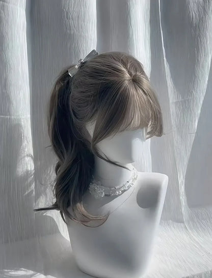 OKLULU  -  Gray Brown Wig with Bangs Long Wavy Soft Hair 24inch Body Wave Wig Lolita High Temperature Fiber Headband Peluca Daily Use