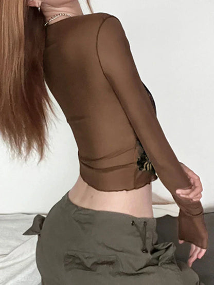 qgtao Y2k Vintage Mesh Patchwork Folds Printed V-neck T-shirt Long Sleeve Sexy Grunge Crop Tops Summer Fashion Tees 2024.