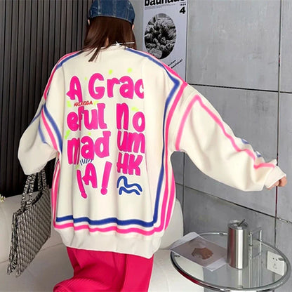 High Street Cute Colors Doodle Full Graphic Hoodies Women Loose Oversized Sweatshirt Y2K Korean Fashion Grunge Egirl Fall Winter