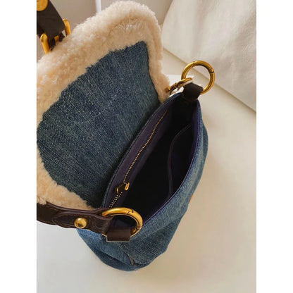 qgtao Western Cowboy American Underarm Denim Bag Fashion Retro Lamb Wool Splice Autumn Winter Crossbody Bag Women Pop New Shoulder Bag