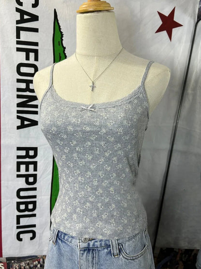 Little Bear Eyelet Cotton Vest Shorts Set Summer Sweet Bow Lace Camis Tops And Shorts Vintage Cute 2 Piece Sets Women Outfit New