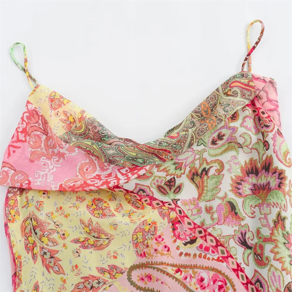 qgtao  2024 Summer New Product Women's Fashionable temperament slim fit V-neck sexy backless patchwork printed dress