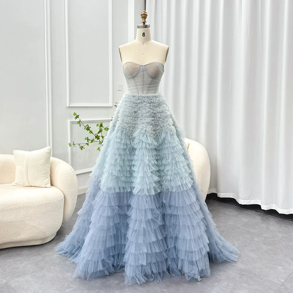 Chic Blue Ombre Tiered Ruffles Evening Dresses Luxury Dubai Ball Gown Prom Dress for Women Wedding Party