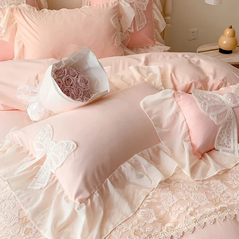 Yeknu Korean Princess Bedding Set Coquette Lace Bow  Beauty Solid Color Lace Ruffle Comforter Sets Luxury Girls Wedding  Duvet Cover