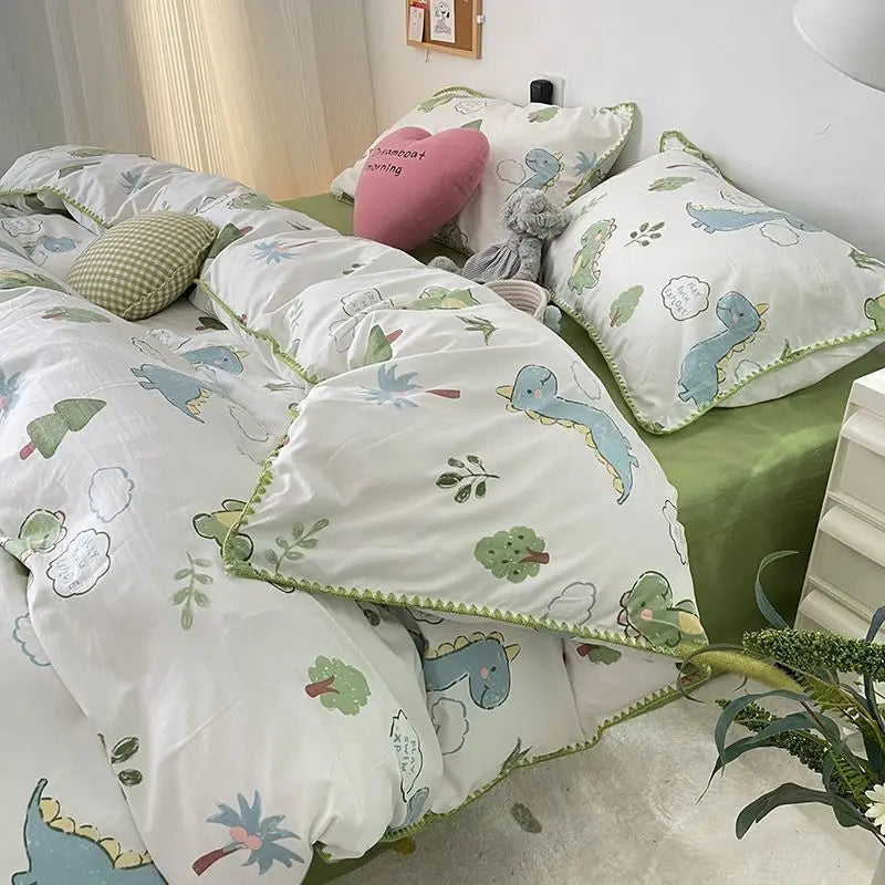 Yeknu Student Dormitory Three-piece Ins Oil Painting Wind Tulip Quilt Set Double Yarn Four-piece Set 1.8 Washed Cotton Bed Girl