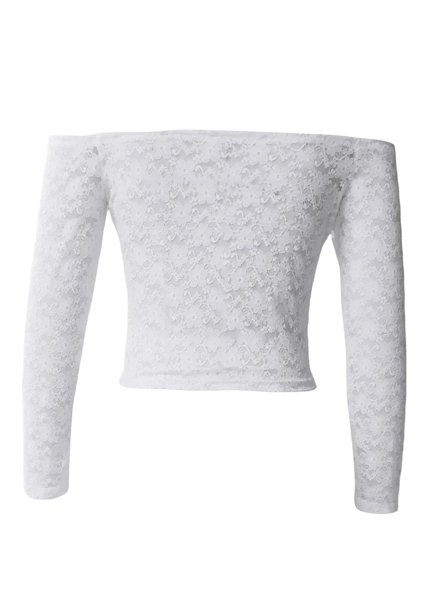 qgtao Y2k Sexy Lace Off Shoulder T-Shirt Long Sleeve Bodycon Cropped Tee Tops Solid Slim Shirt Blouse 2000s Aesthetic Tops