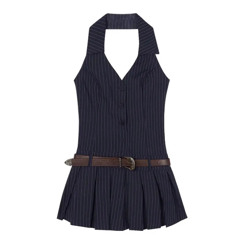 qgtao Striped Mini Women Pleated Dresses Sexy Backless Chic One Piece Short Dress Sleeveless Streetwear Y2k Hotsweet Dress