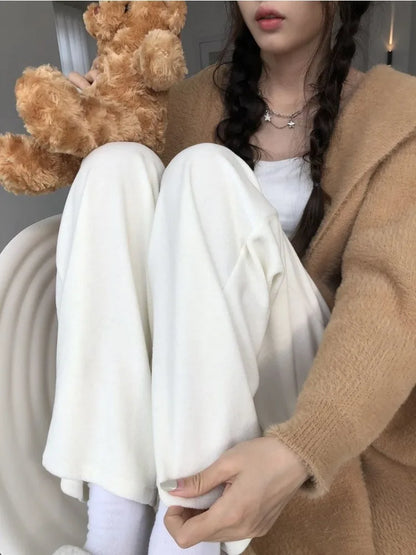 HOUZHOU Casual Korean Style Women Pants Baggy Elegant Pink High Waist Pleated Trousers Harajuku Cute Autumn Wide Home Pants Warm