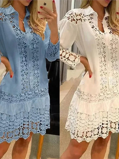 qgtao Women Lace Stitching Sexy Hollow Out And Transparent Dress Not Lined Elegant Office Spring Casual Long Sleeve White Shirt Dress