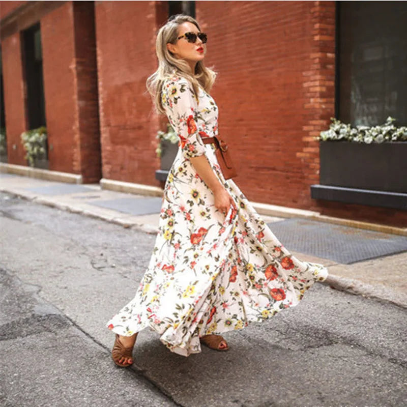 qgtao Spring Summer Vintage Flower Floral Print Maxi Dress Office Lady Fashion Elegant Long Sleeve O-neck Dresses For Women 2024