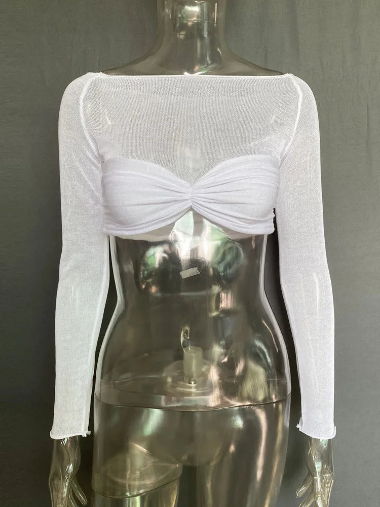 Mozision See Through Mesh Crop Top Women Pullovers Strapless Short Knit Cropped Tops Ladies Tee Shirt Sexy Off-shoulder T-shirt