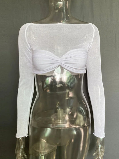 Mozision See Through Mesh Crop Top Women Pullovers Strapless Short Knit Cropped Tops Ladies Tee Shirt Sexy Off-shoulder T-shirt