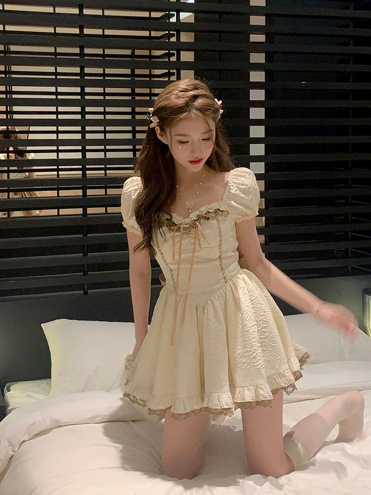 qgtao Summer Bow Vintage Kawaii Dress Women Lace Designer Party Mini Dress Female Casual Korean Fashion Y2k Lolita Retro Dress 2024