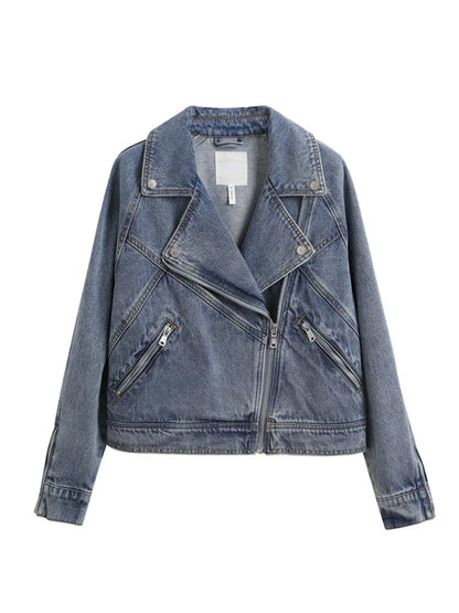 qgtao  New Spring Autumn Motorcycle Denim Jacket Women Fashion Lapel Zipper Short Cowboy Streetwear Vintage Loose Coat Outwear