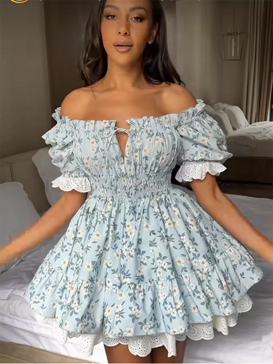 qgtao Floral Tiered Ruffles Mini Dress Lace Puff Sleeve Summer Vocation Sexy Lace Up Women Dresses Party Ladies Vestidos New