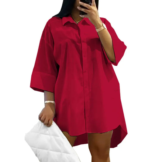 qgtao Plus Size 5XL Women Shirt Dress Solid Color Turn-down Collar Summer Mini Dress Lady Casual Loose Irregular Beach Dress Vestidos