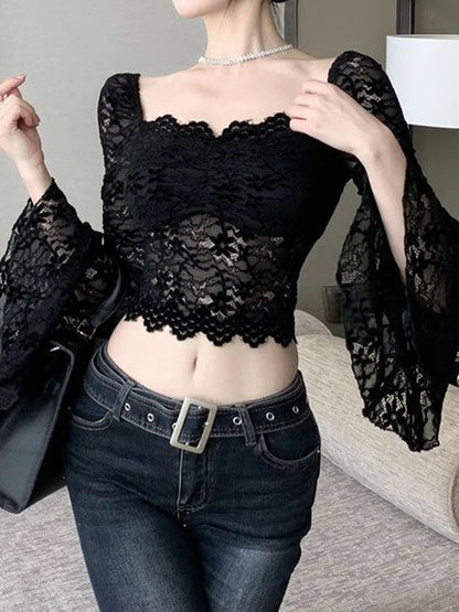 qgtaol Lace Crop Tops Women Sexy Off Shoulder Blouses Female Vintage Fashion Slim Tee Ladies Elegant Chic Slash Neck