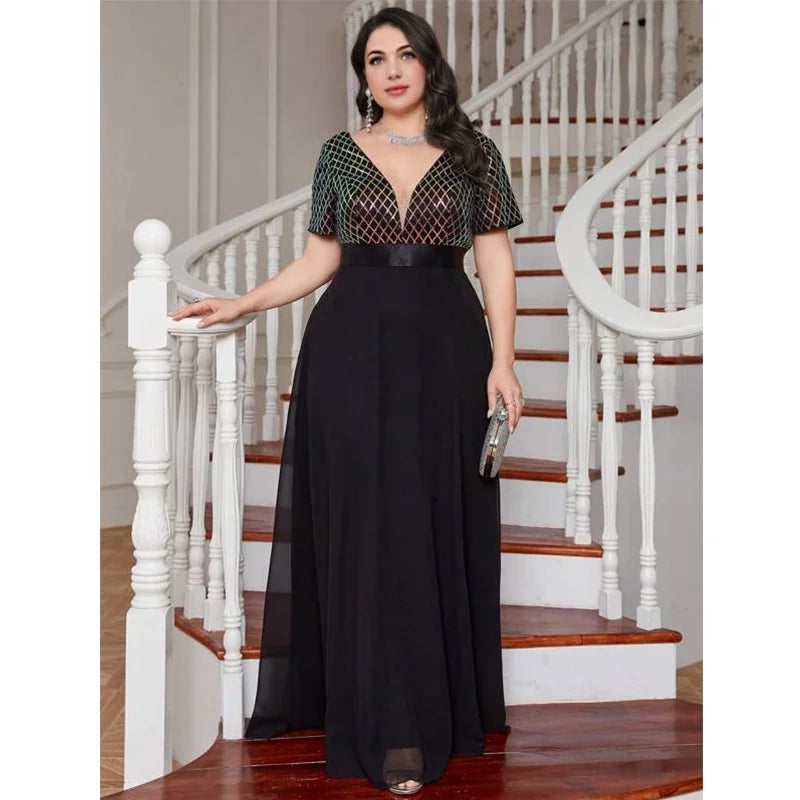 qgtao Plus Size V Neck Rhombus Sequin Luxury 4XL5XL Chiffon Dress Party Prom Black 3/4 Sleeve Over Maxi Dress for Party Wedding