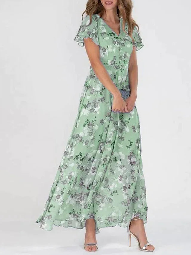 qgtao Female Vintage Floral Printing Chic Dress Women Summer Elegant V Neck Maxi Party Dresses Casual Chiffon Beach Long Dress Vestido