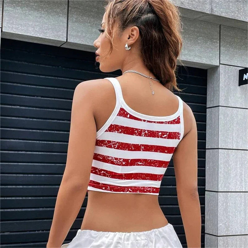 qgtao Gothic Punk New 2024 USA Flag Crop Top Sexy Backless Tank Slim Women's Mini Vest Summer Y2k Clothes Short White Camisole E-girls